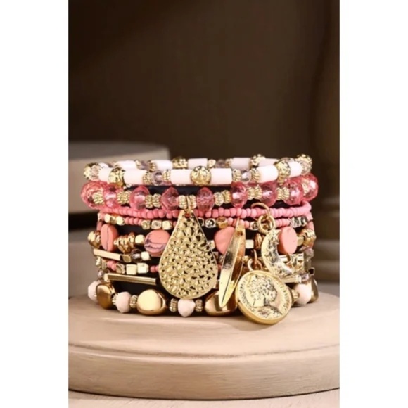 Pink 9-Strand Beaded Boho Stackable Stretch Bracelet Set w/ Gold Charms - Picture 2 of 4